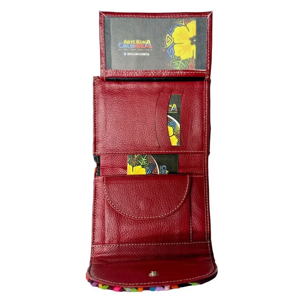 Unique‎ Artisan Handmade Mola Wallet Small Round 100% Leather Arte Kuna Colombia